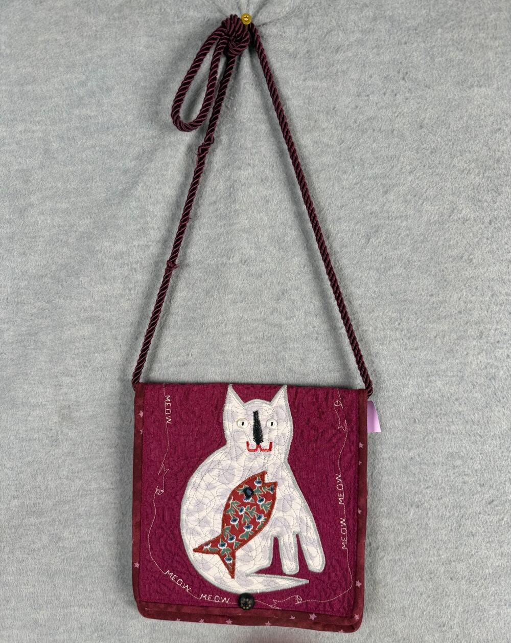 Quilted Applique Cat & Fish Purse Shoulder Bag Bowman Fiber Arts Burgundy